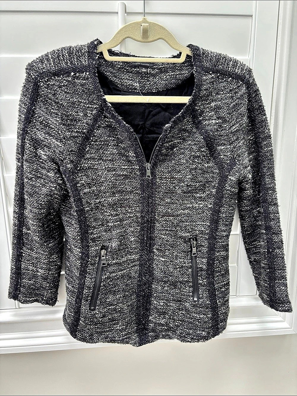 Ann Taylor Knit Zip Tweed Blazer Jacket in Black & Gray Size Small S Very Good C